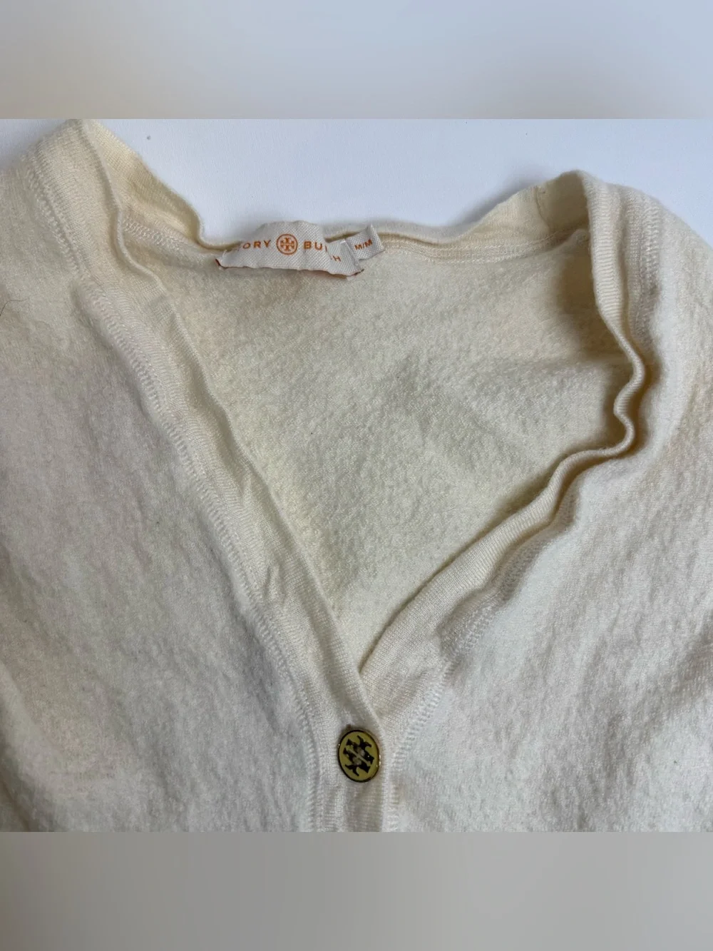 Tory Burch Simone Beige Merino Wool Gold Logo Buttons Cardigan Girls Medium M